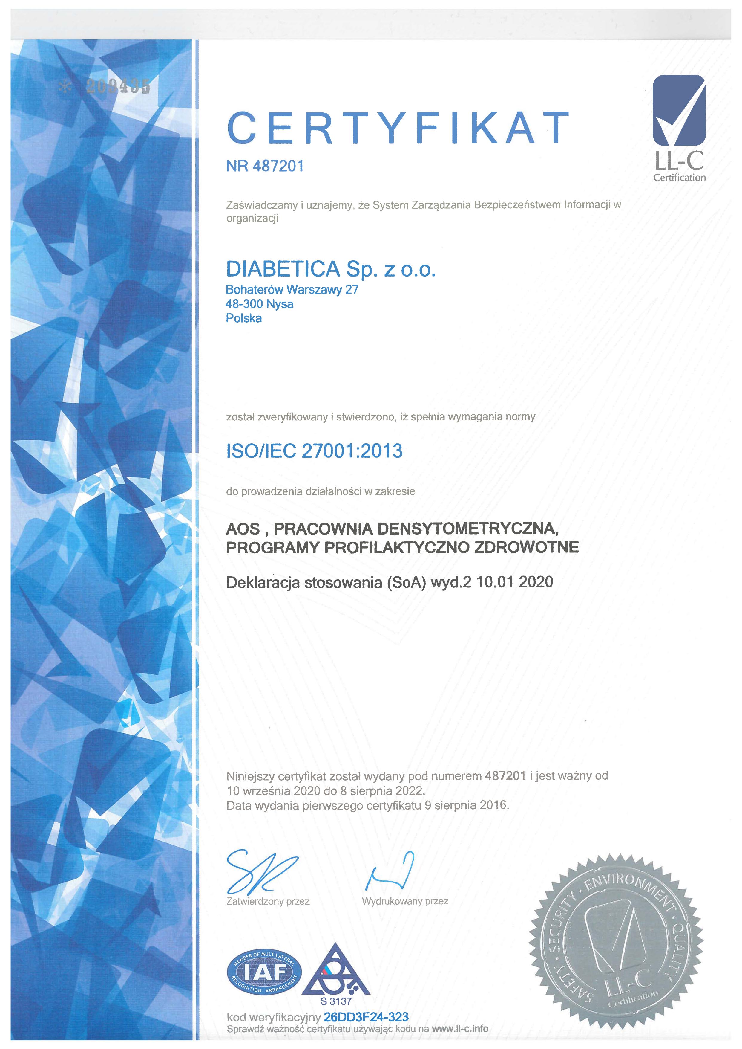 Certyfikat ISO/ICE 27001:2013